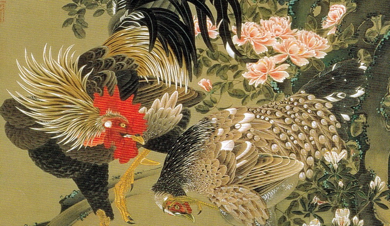 紫陽花双鶏図 Ajisai Sokei-zu(Hydrangeas and Pair of Chickens 